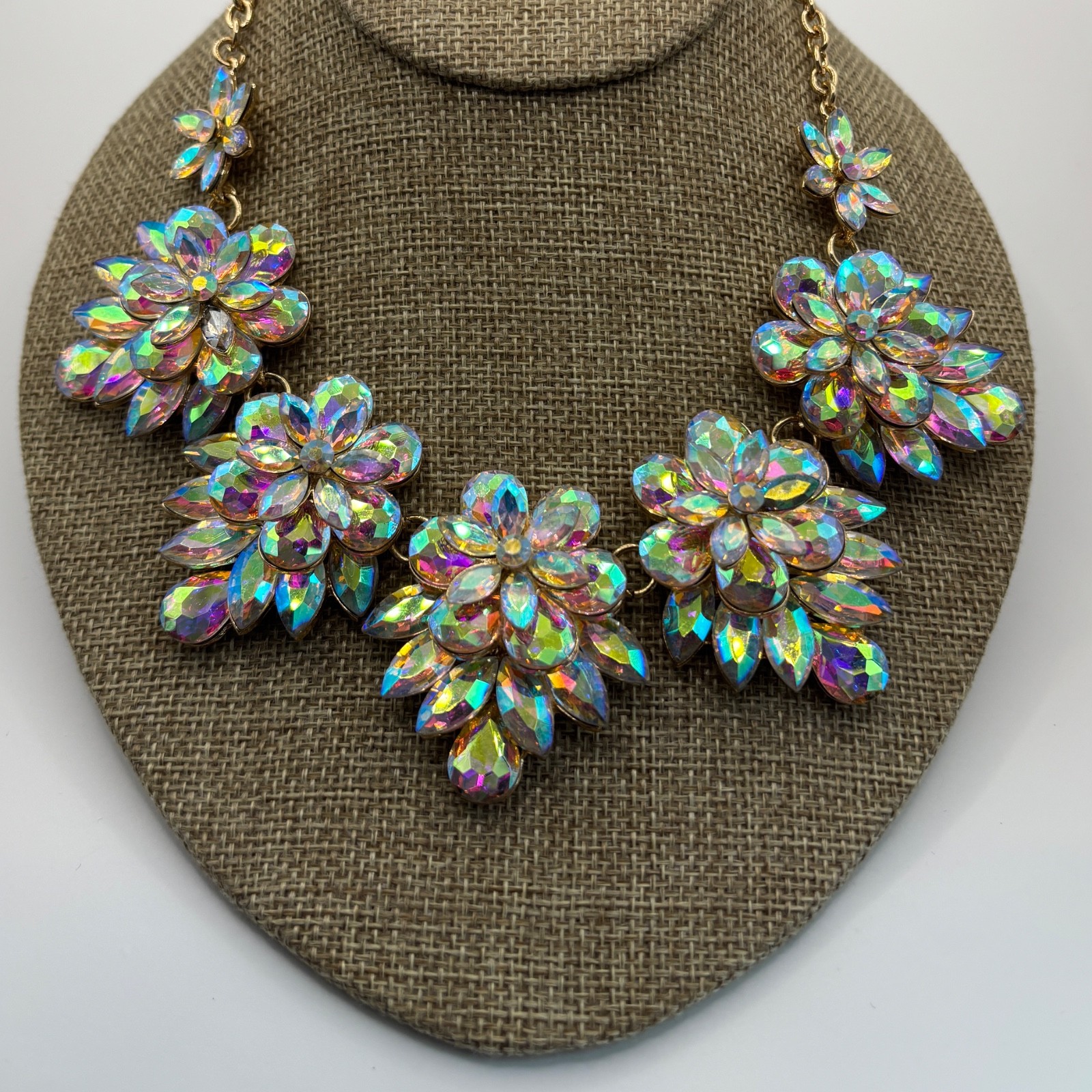 Floral Statement Necklace Gold Tone AB Rhinestone Bling 4.1 oz 15″