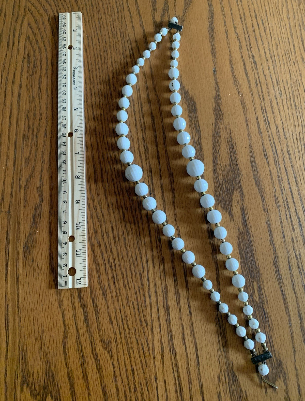 VTG Double Strand White & Gold Plastic Beaded Statement Necklace Hook 24 in