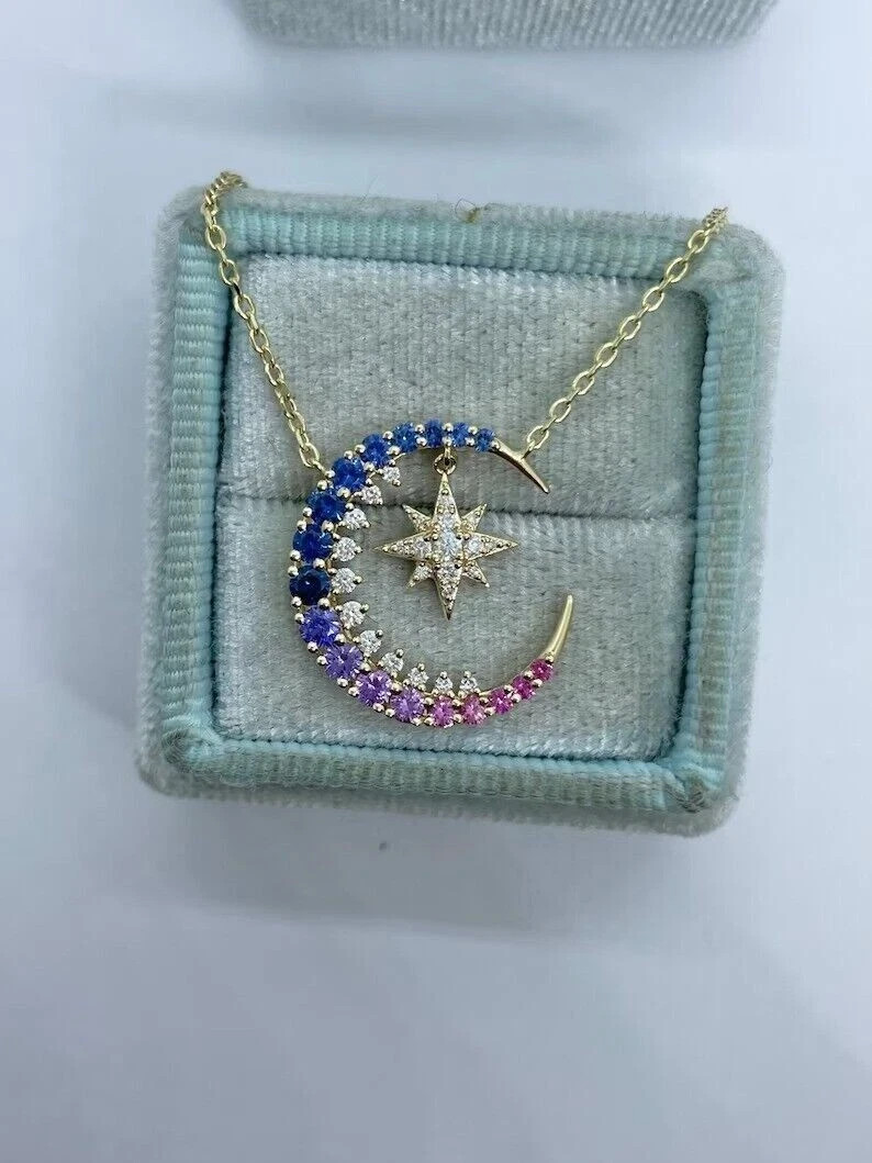 14K Yellow Gold Plated Moon & Star Pendant Chain 1.8CT Simulated Sapphire