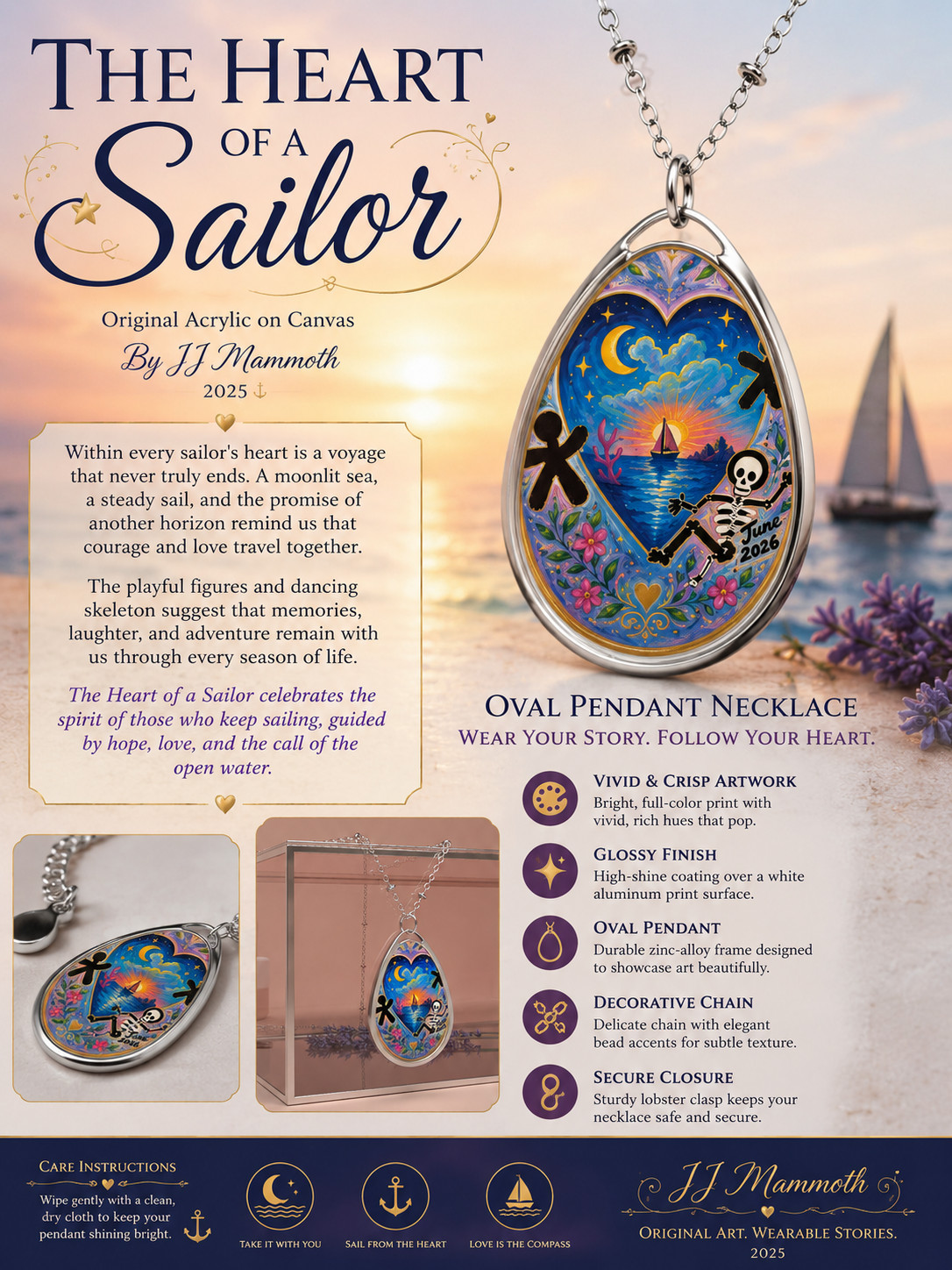 The Heart of a Sailor Original Acrylic Painting • Wearable Art Pendant By JJ