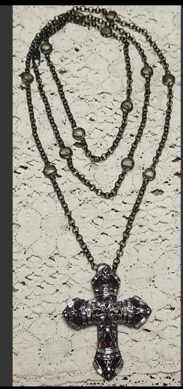 Large Cross Necklace, Black & Purple Medallion Pendent On A 48″station Chain