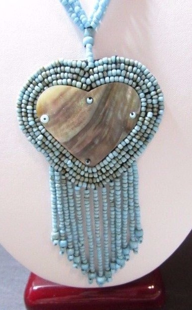 LIGHT BLUE MULTISTRAND SEED BEADED NECKLACE AND SHELL HEART PENDANT CONTEMPORARY