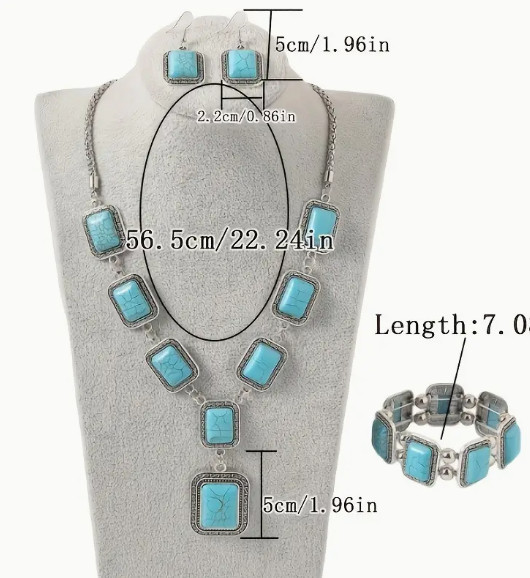 WESTERN-4Pcs Bohemian Retro Set, Faux Turquoise Necklace, Bracelet, and Earrings