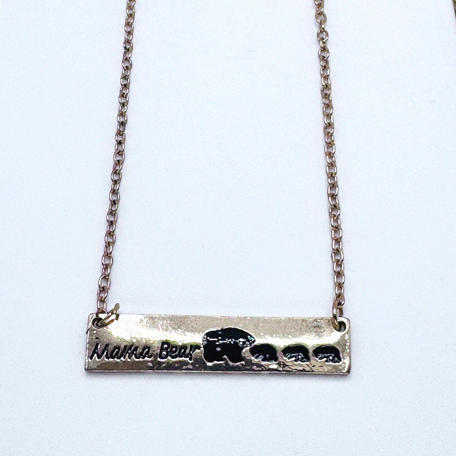 Mama Bear Bar Necklace Gold Tone Mother Family Pendant Jewelry Gift 18″ 24″