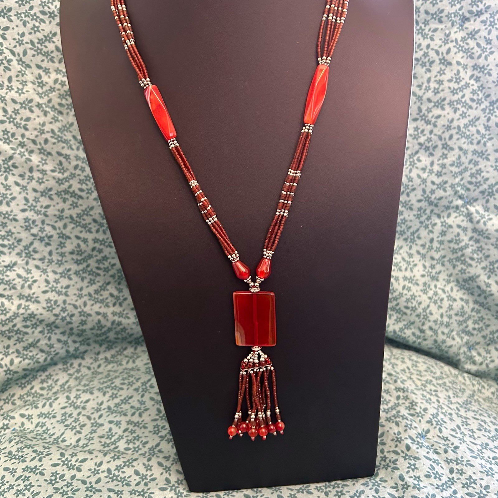 Red Beaded Ball Chain Necklace w/ Rectangle Tassel Pendant, Hook Closure