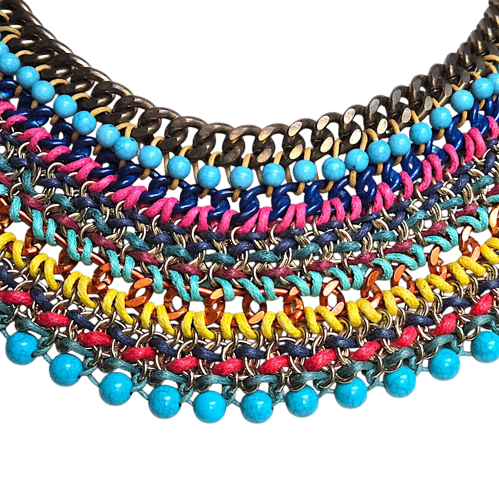 Aldo Multicolor Woven Cord Bib Necklace Mixed Metal Chain Beaded Boho 18″