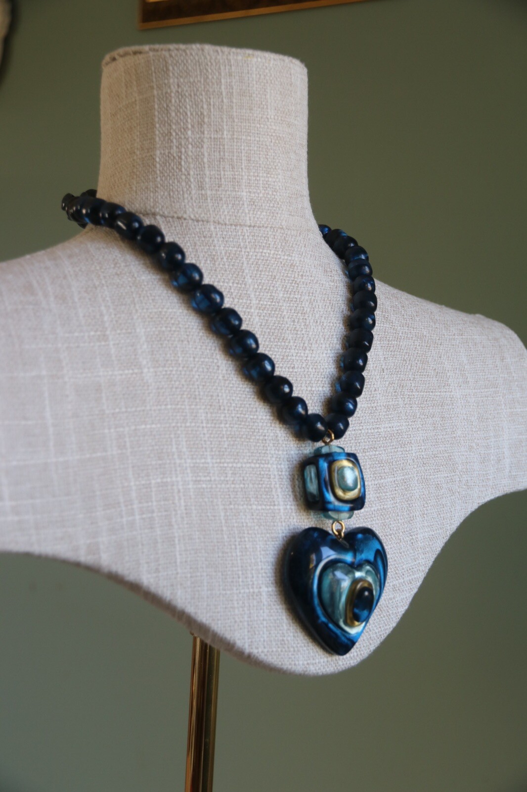 Dominique Denaive Paris Sapphire Blue Heart Natural Resin Necklace