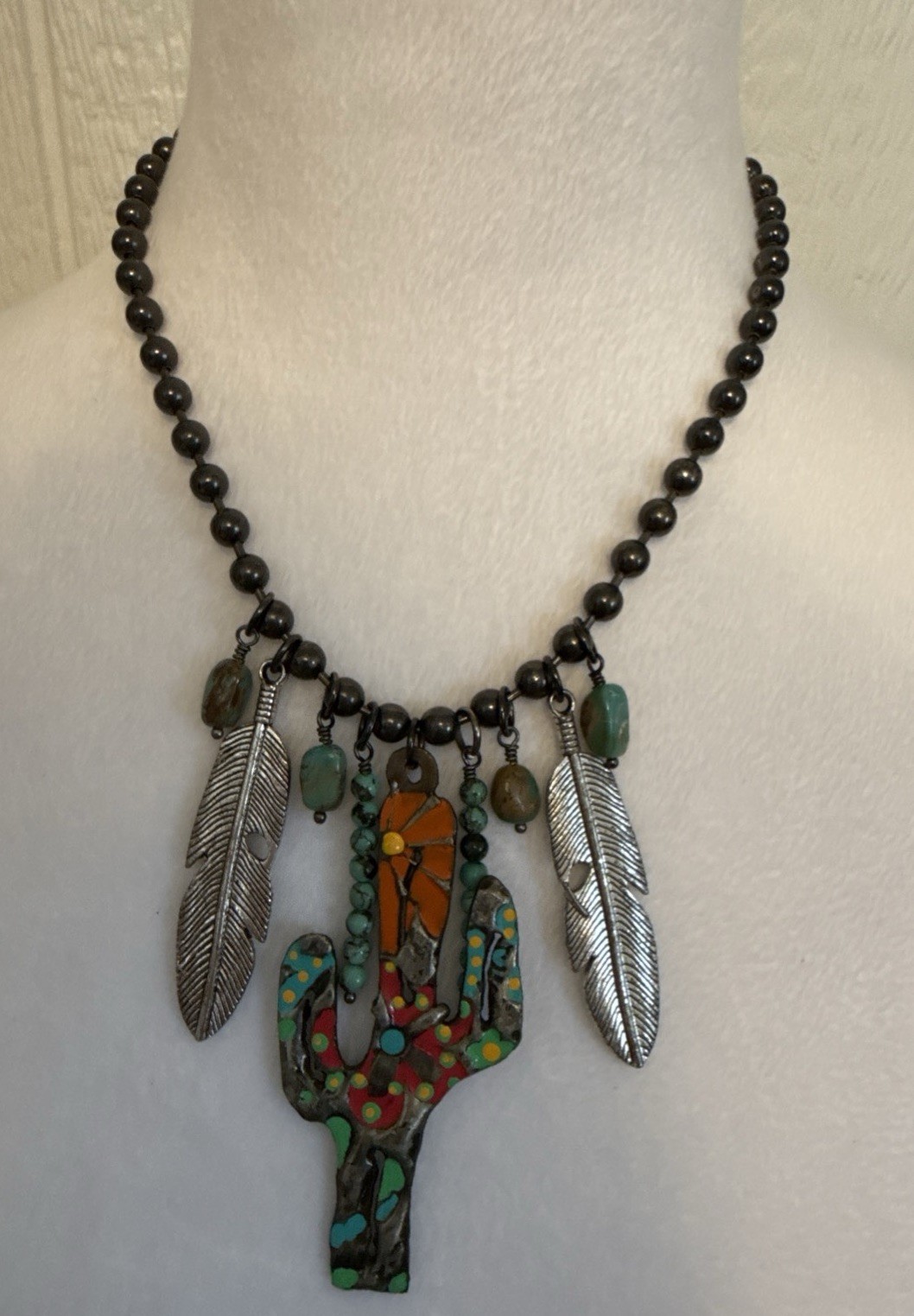 Attagirl Creations Southwestern Cactus Statement Necklace Boho Western Feather