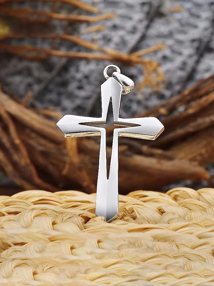 Cross inside a cross pendant necklace 925 silver plated over stainless steel
