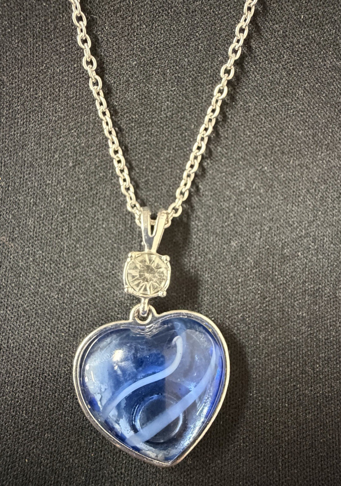 Blue Swirl Heart Pendant Necklace Silver Tone Adjustable Chain Rhinestone Accent
