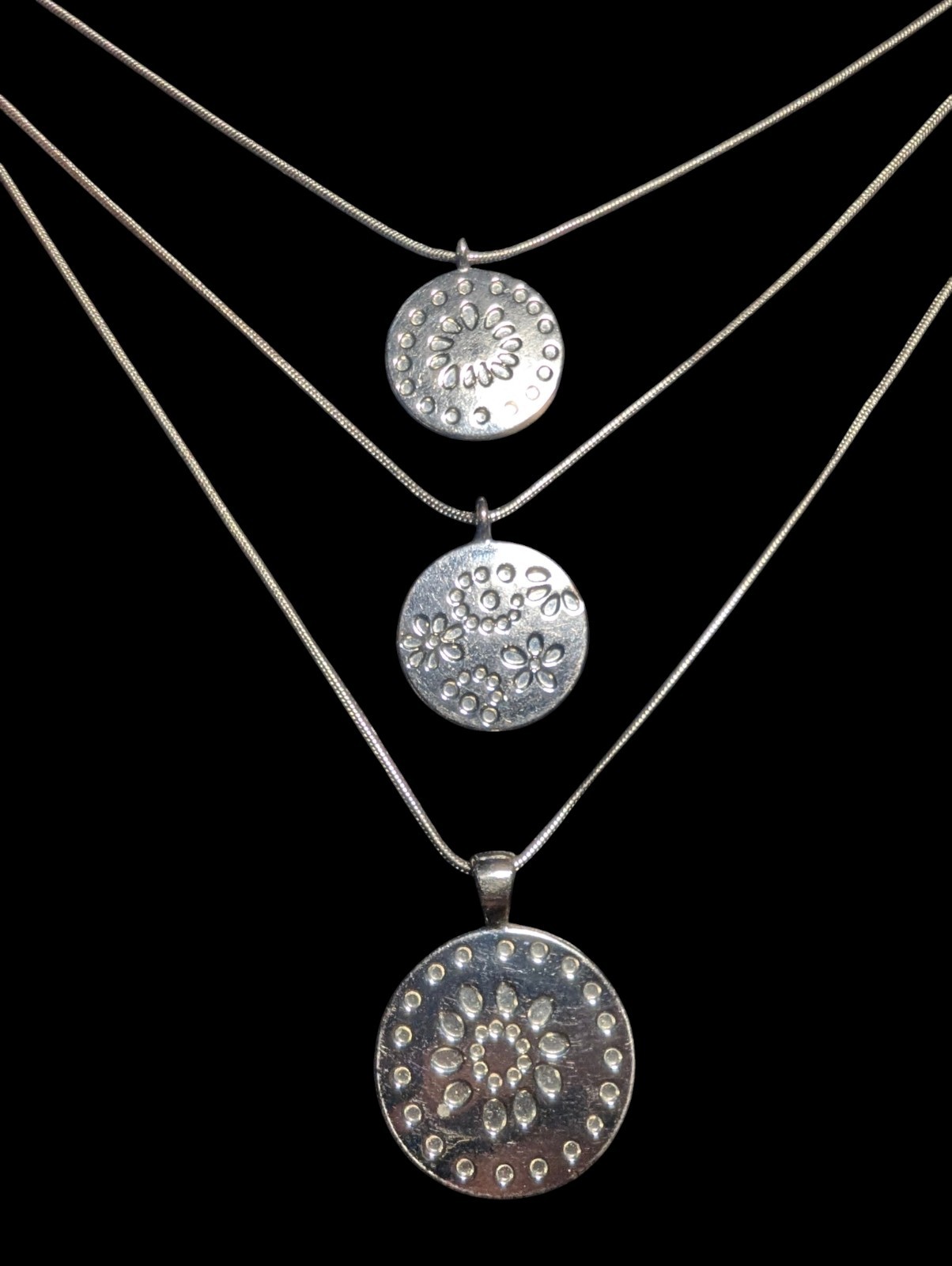 Boho Layered 3 Strand Snake Chain Stamped Floral Medallion Disc Pendant Necklace