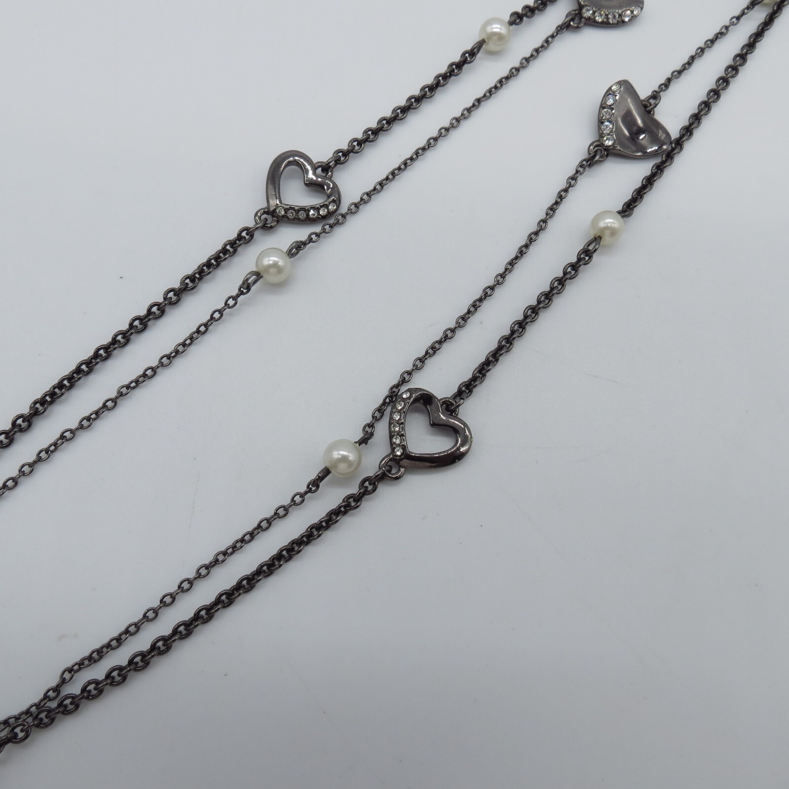 Black Heart Chain Necklace Rhinestone Faux Pearl Everyday Wear 28″