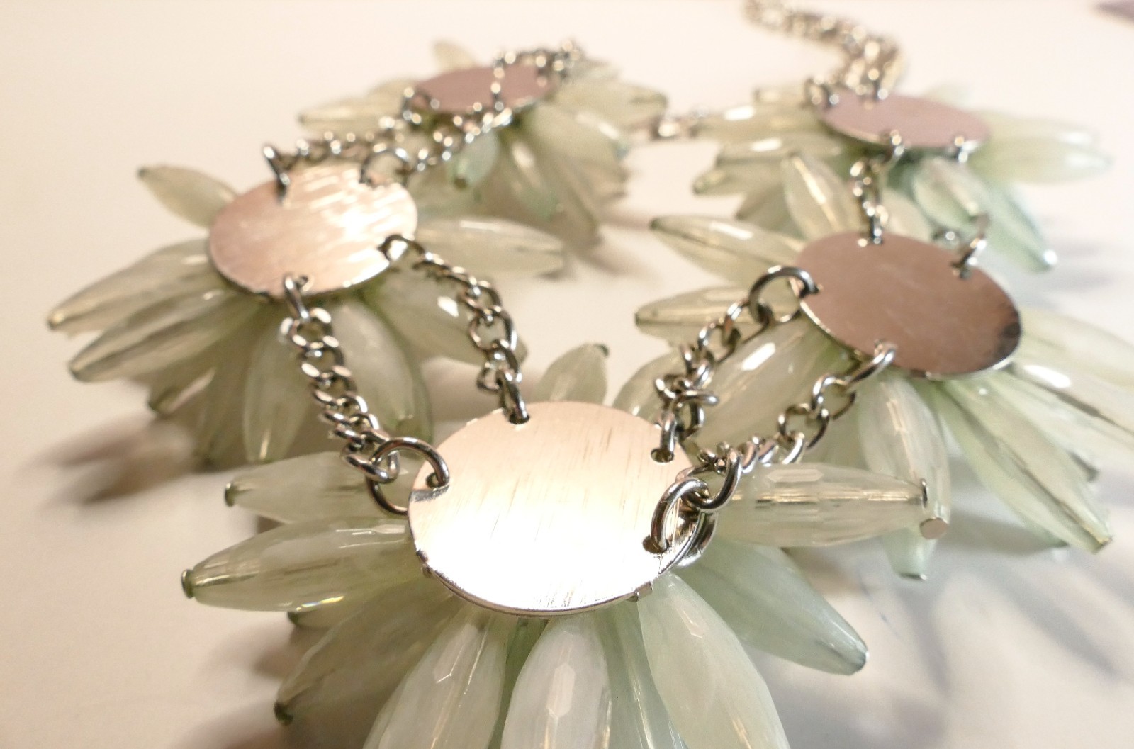Large White Opalescent Floral Statement Bib Necklace Blue Rhinestone Flower