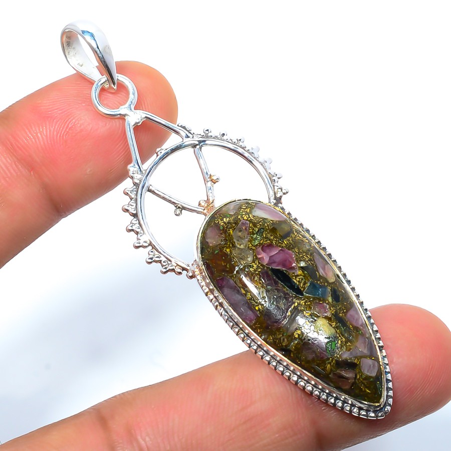 Copper Tourmaline Gemstone 925 Sterling Silver Handmade Pendant 2.73″ T60