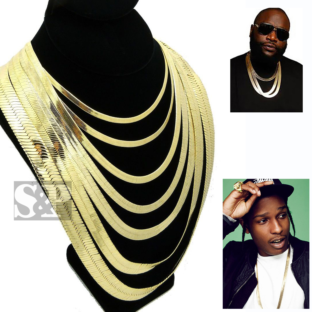 Hip Hop 14K Stamped Herringbone Gold PT 4mm to 14mm, 20″ 24″ 30″ Chain Necklace