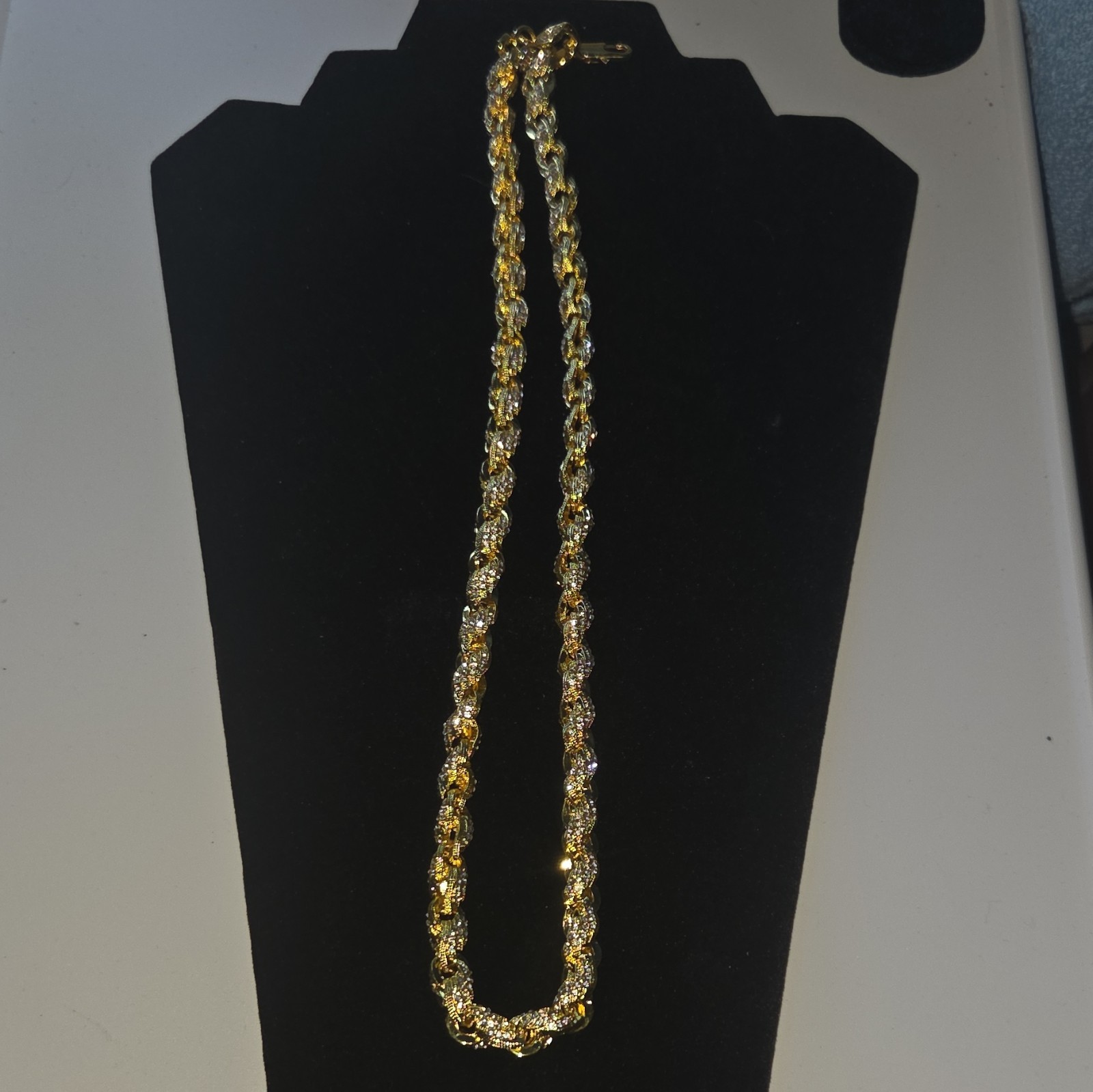Gold Tone Rope Chain Necklace Clear Stones Rhinestones Lobster Clasp