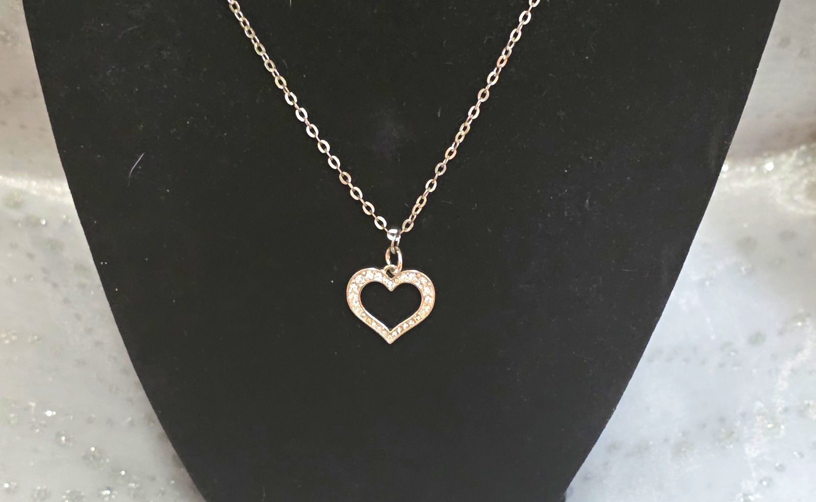 Silver Tone Metal Cable Chain Necklace Heart Charm Pendant Pavé Crystal Love