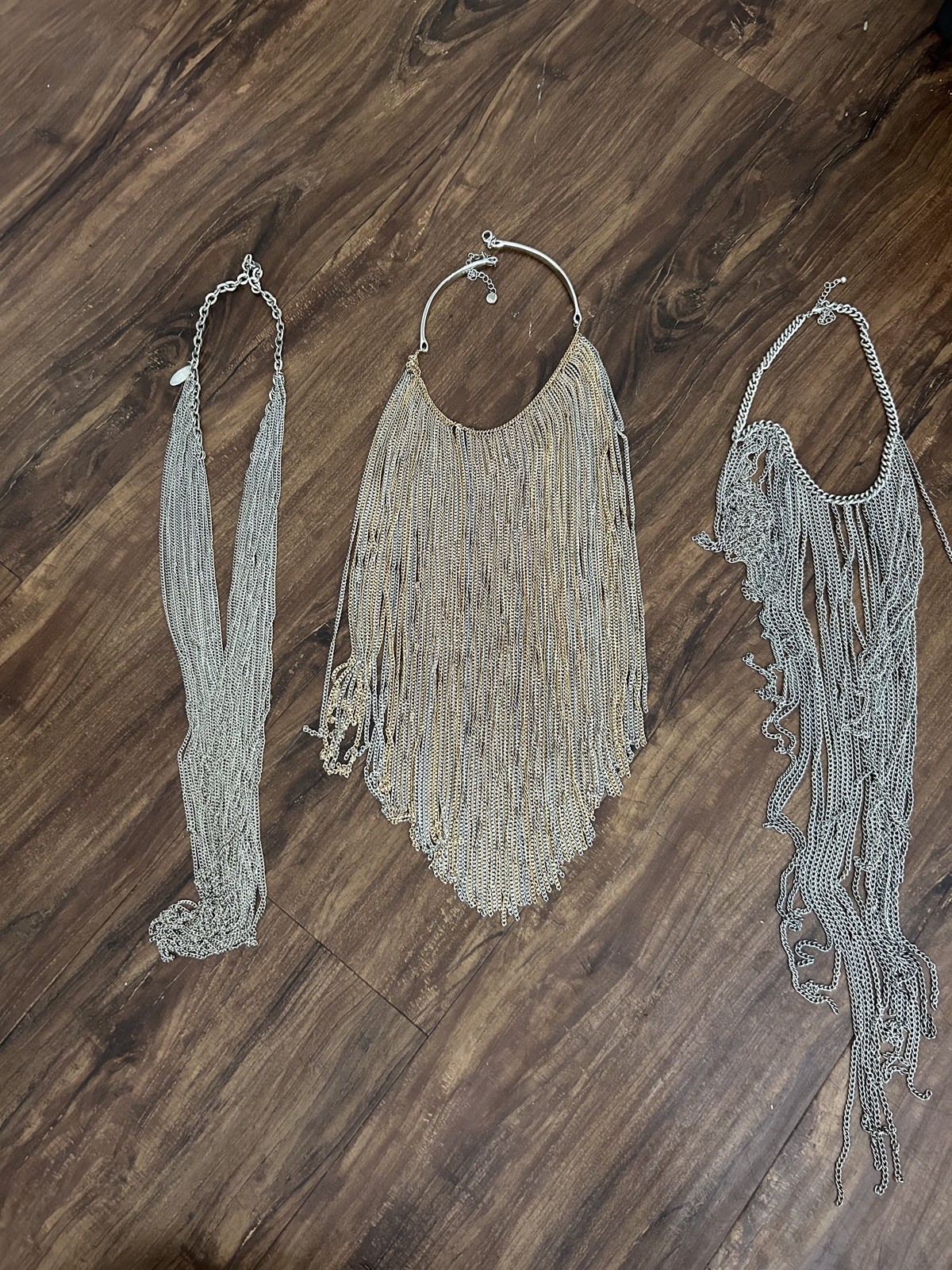 Lot of 3 Statement Necklaces Cara N.Y. Fringe, Chain, Multi-Strand, Silver Gold