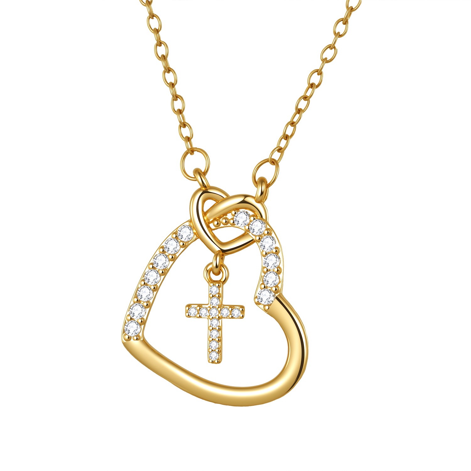 Womens Heart Cross Pendant Necklace Religious Faith Gold Tone Chain Jewelry Gift