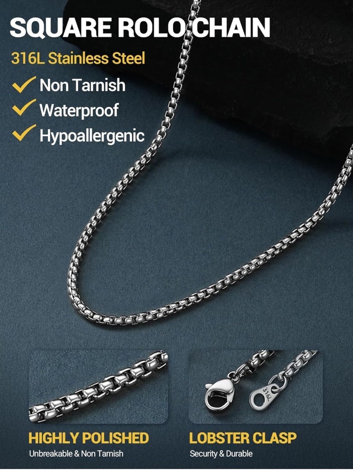 PROSTEEL Square Rolo Link Stainless Steel 2mm 18” Chain Necklace