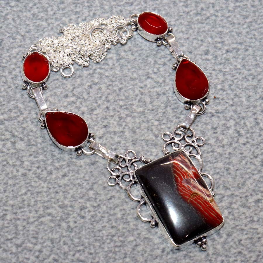 Red Jasper Red Onyx 925 Silver Plated Necklace 18″ Most Loved Gift Trendy JW