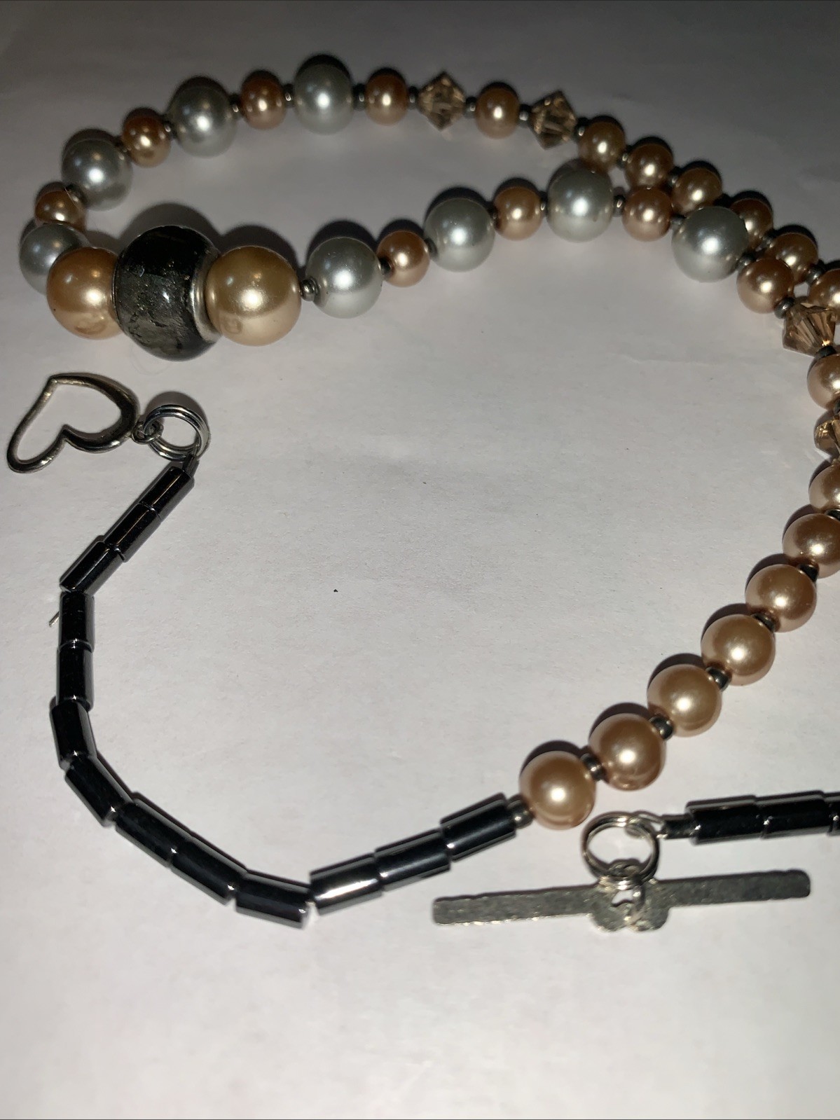 #227 18” Pearl Like Necklace With Heart Toggle Clasp.