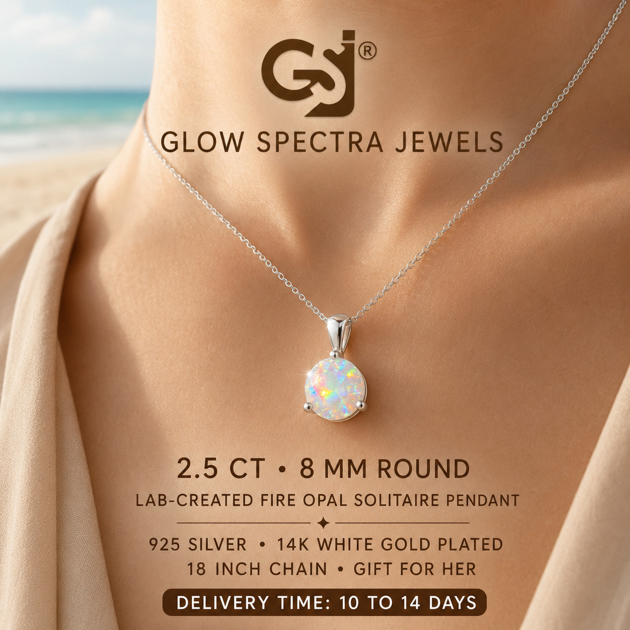 2.50Ct Round Lab Created Fir Opal Solitaire Women Pendant 14K White Gold Plated