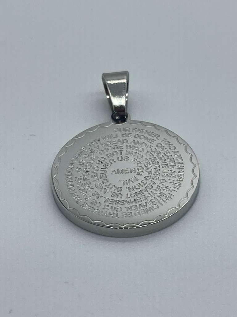 Silver Stainless Steel Our Father Prayer Engraved Medallion Pendant Necklace