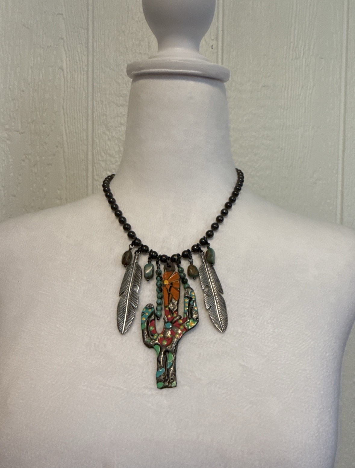 Attagirl Creations Southwestern Cactus Statement Necklace Boho Western Feather