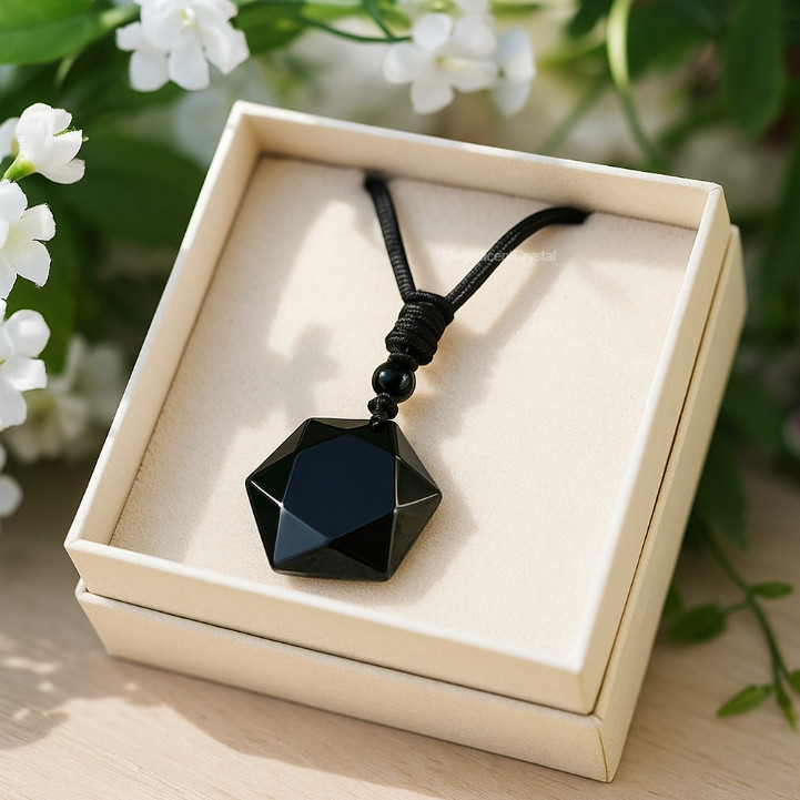 Black Obsidian Pendant Hexagon Necklace Women Men Amulet Stone Crystal Jewelry