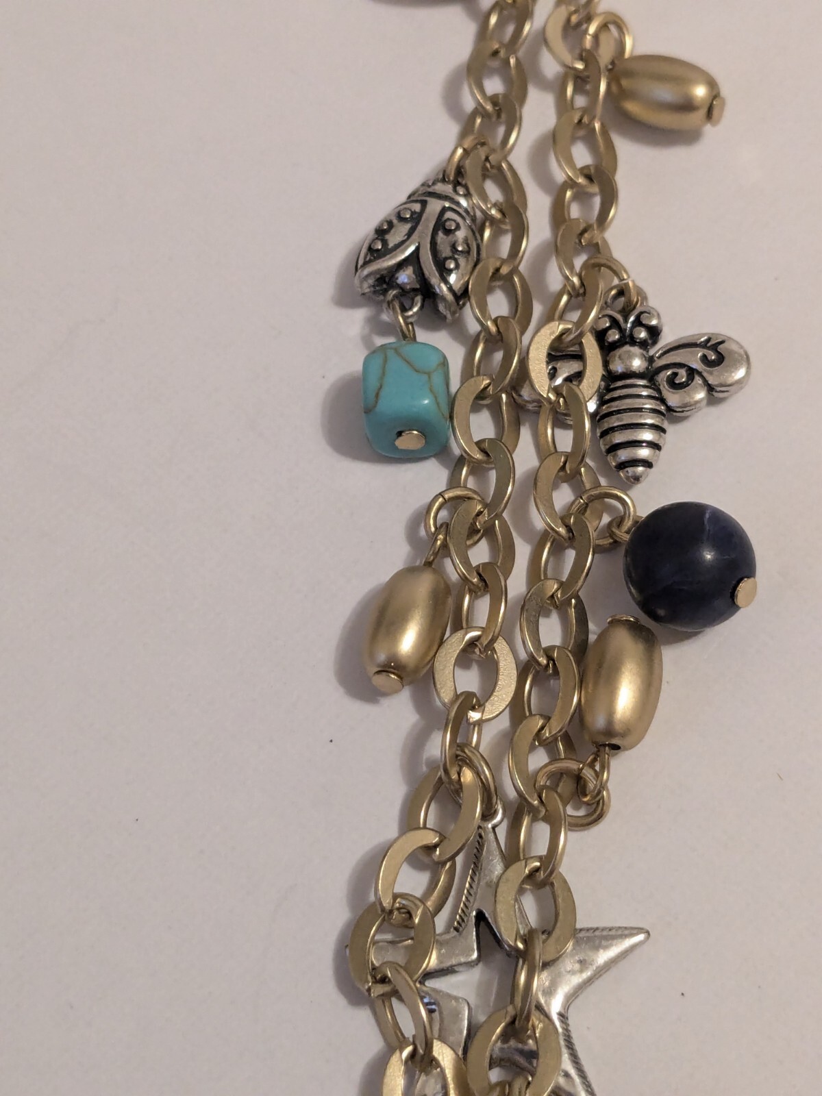 Chico’s Gold Tone Charm Heart Necklace With Multiple Charms & Beads. 34″. BOHO