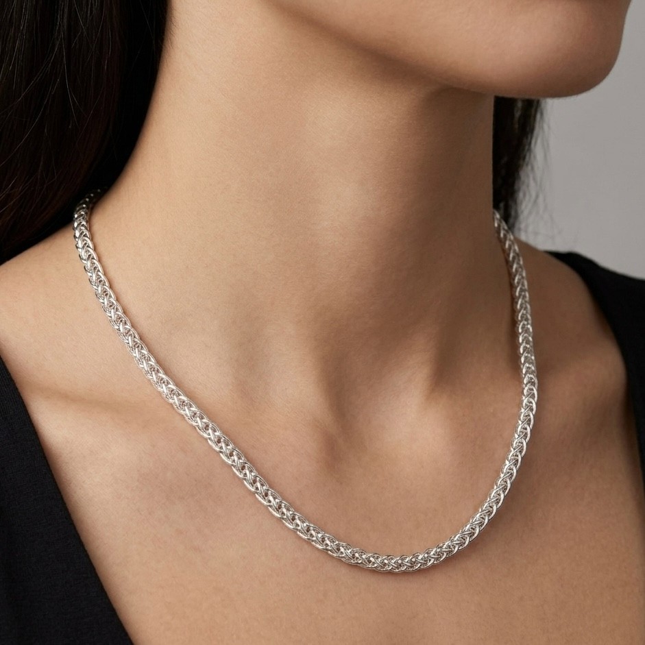 Polished Square Wheat Spiga Chain Necklace Real Solid 925 Sterling Silver ITALY