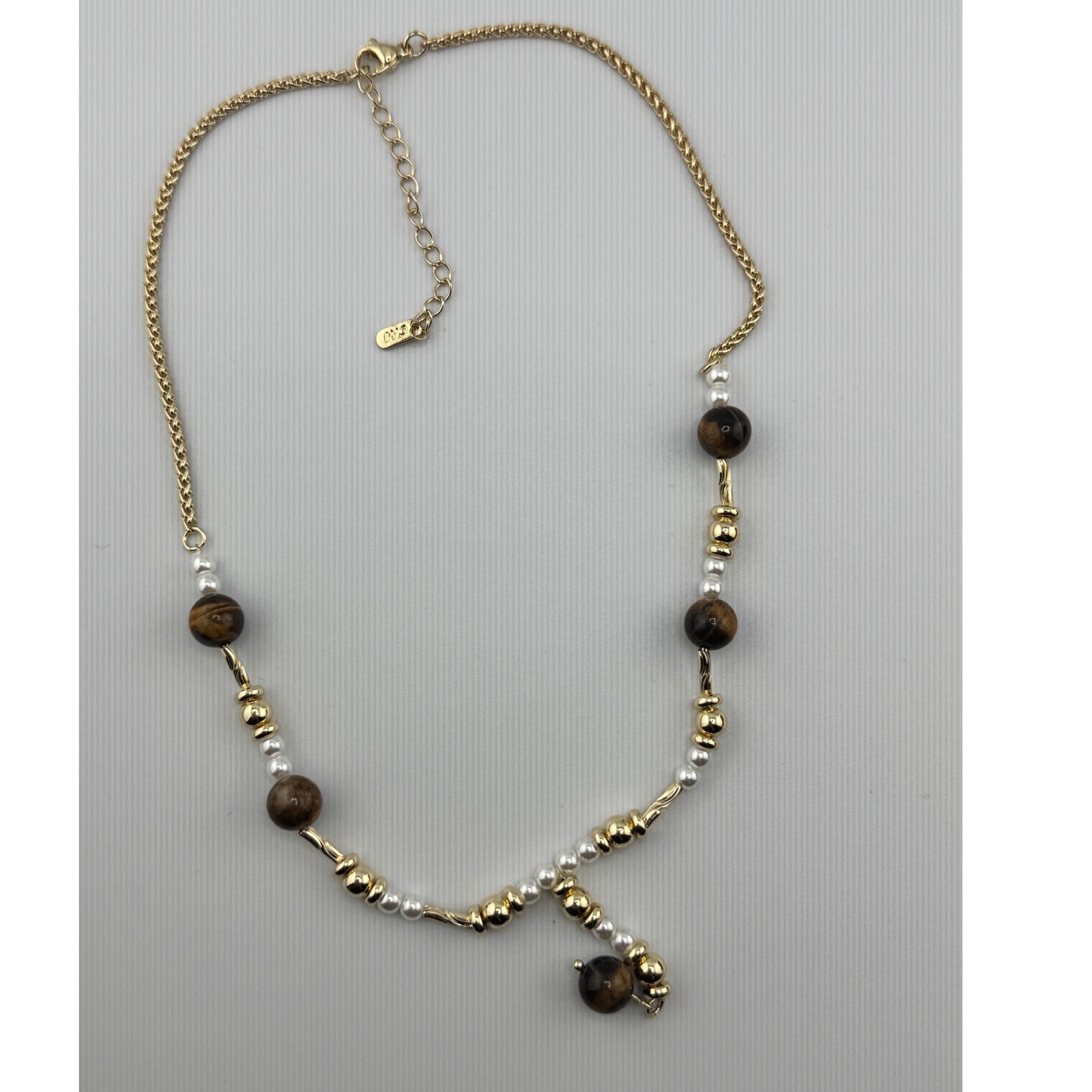 Gold Tone Tiger Eye and Faux Pearl Y-Drop Necklace Brown White Beaded Adjustable