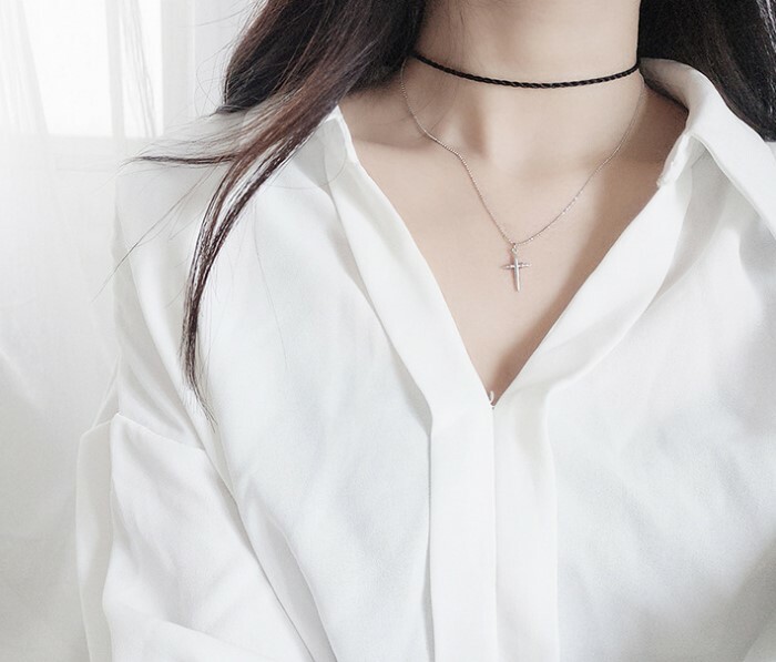 S925 Sterling silver 18K Gold Beads choker necklace Cross Pendant Gift Box D24