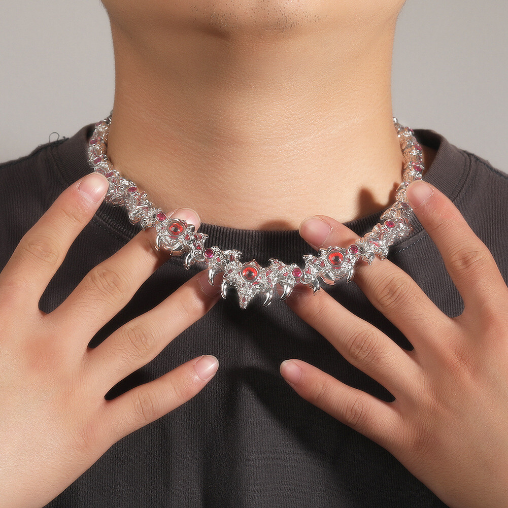 18″ Red Eyes Spikes Iced CZ Out Chain Choker Silver Necklace For Men Hip Hop