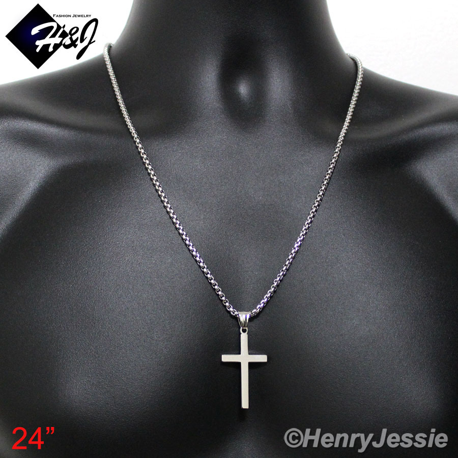 16″-30″MEN Stainless Steel 2mm Silver Smooth Box Chain Necklace Cross Pendant*SP