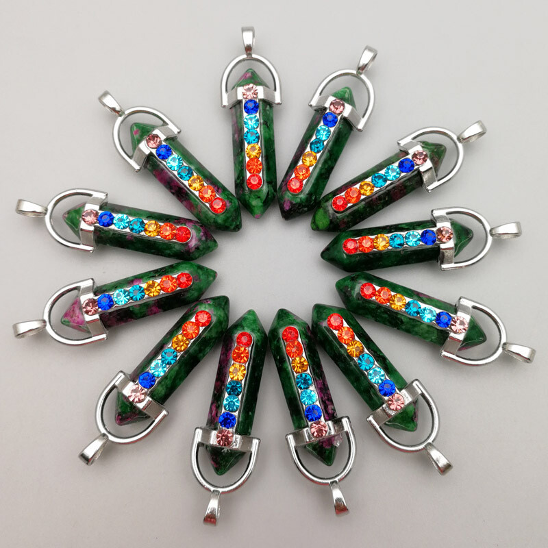 30pcs Natural Ruby In Fuchsite Hexagonal Pointed 7 Color Reiki Chakra Pendant