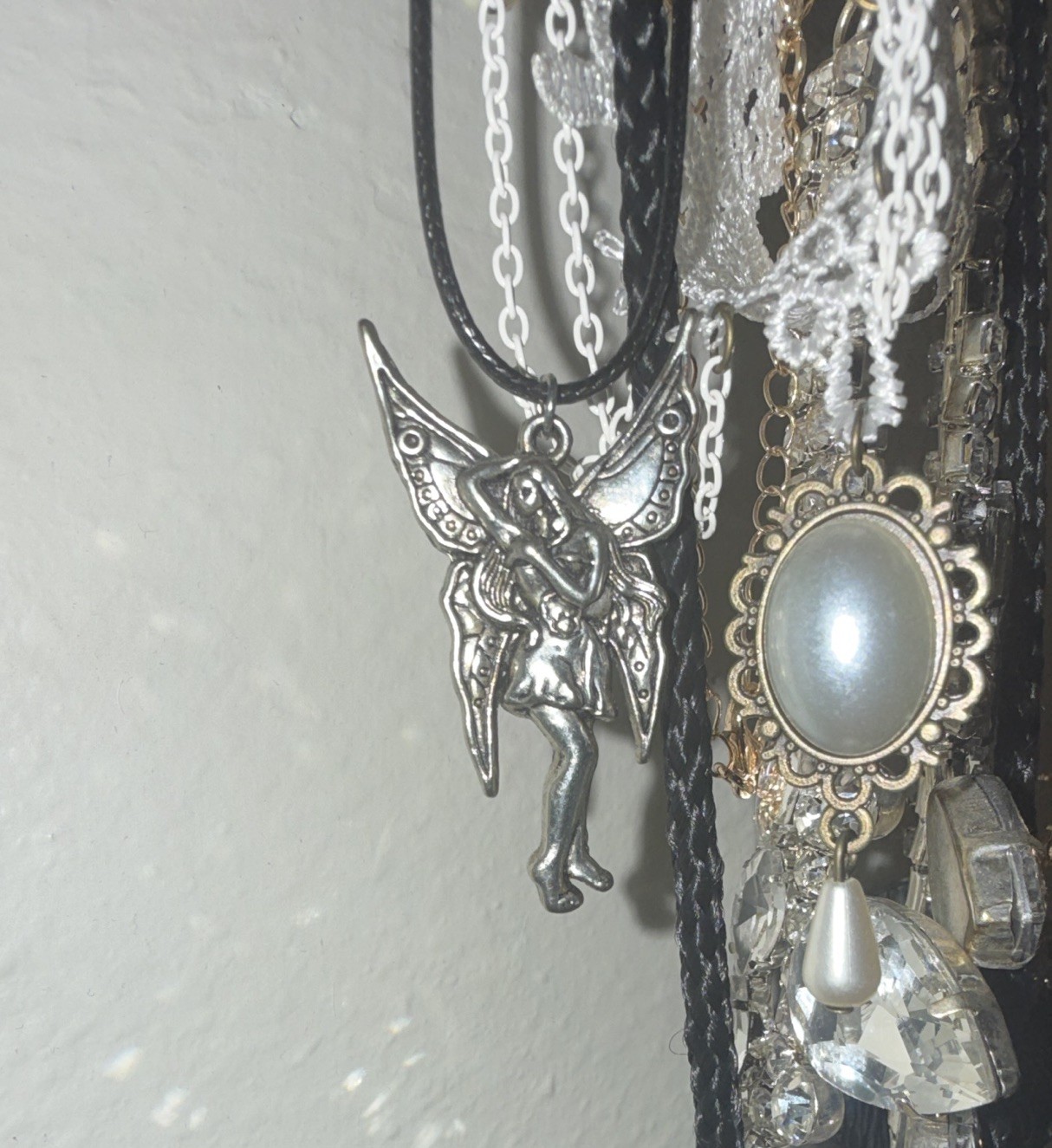 Silver-Tone Angel/Fairy Charm Pendant Necklace on Black Cord, No Stone