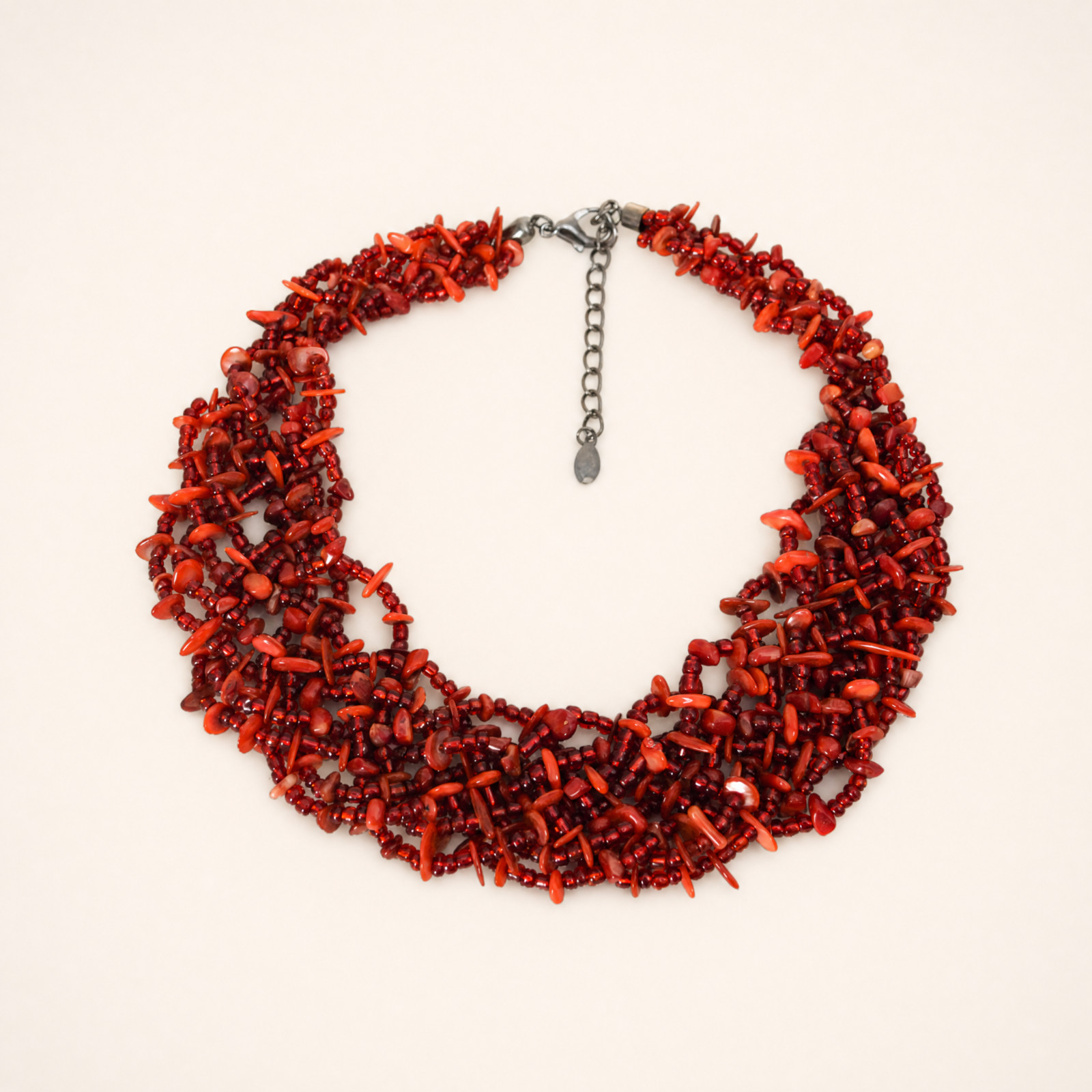 CJ Red Glass Bead & Shell Statement Bib Necklace 20″ + 3″ Extender Excellent
