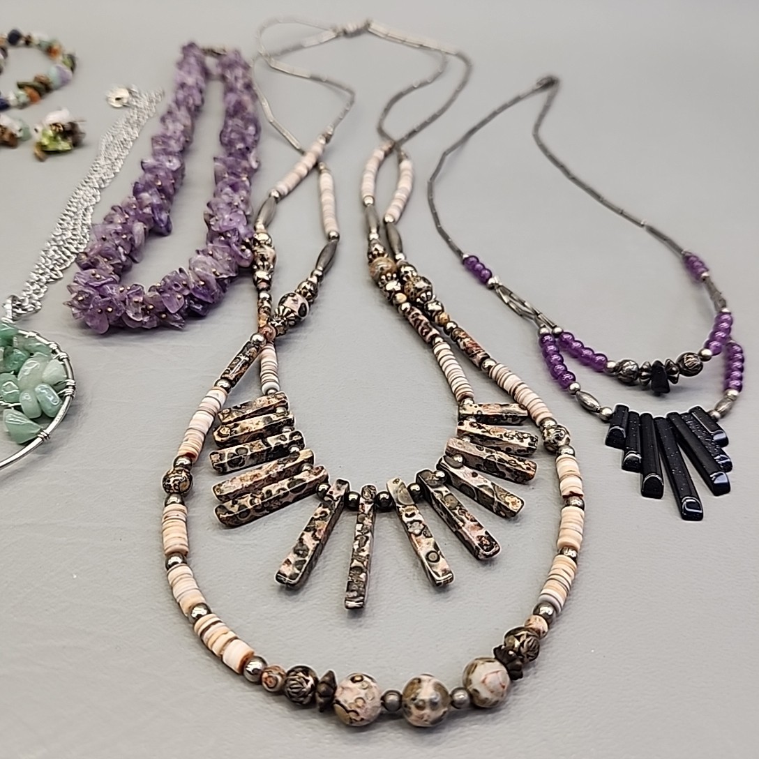 Stone Beaded Necklace Lot of 8 Purple Amethyst Green