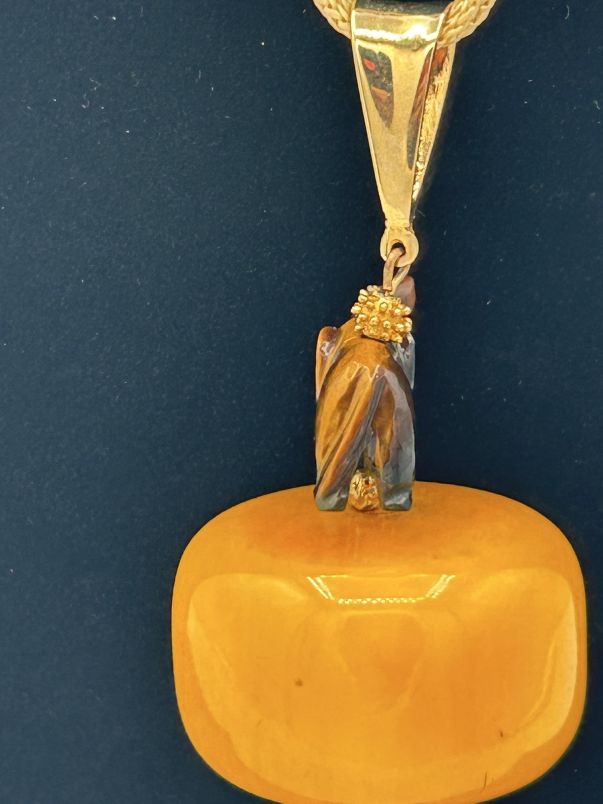 Vintage Bakelite Amber Pendant Necklace w/ Tiger’s Eye Elephant & Gold Tassels