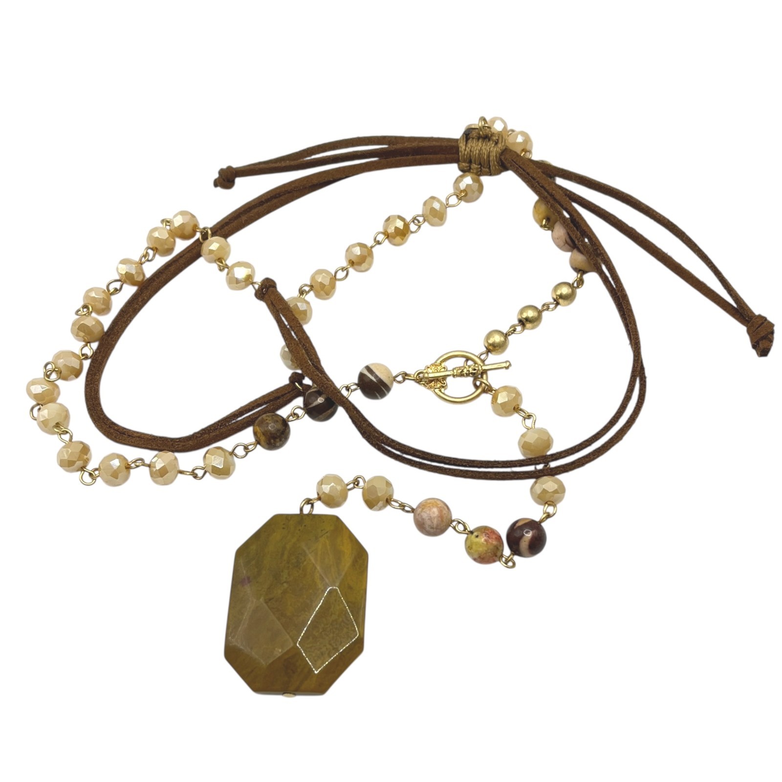 Versona Chunky Stone Pendant Necklace Y Drop Lariat Faceted Glass Earth Tone