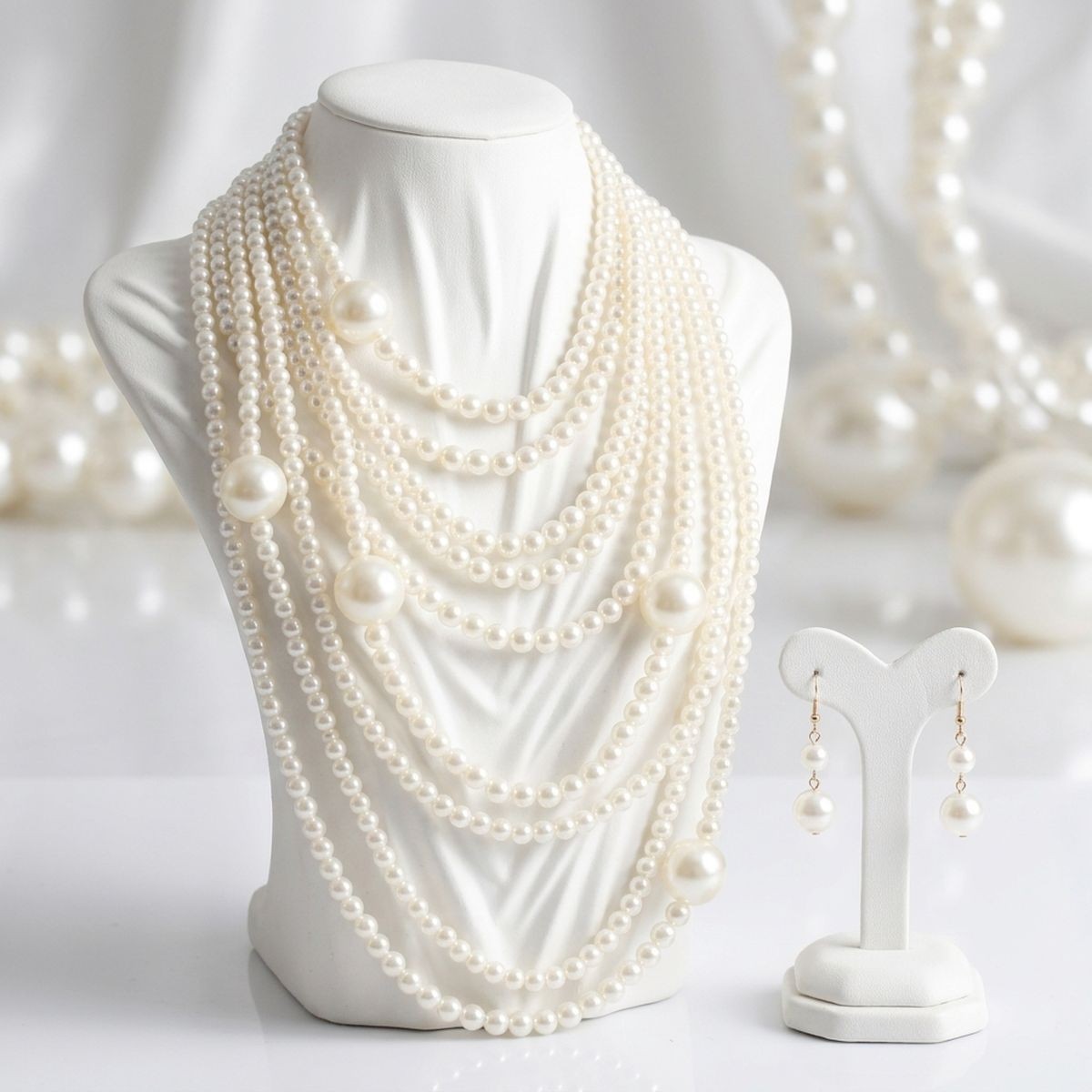 Cream Pearl 9 Strand Long Layer Luminous Necklace