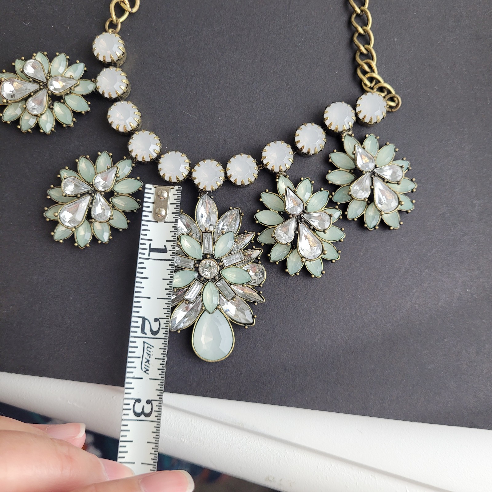 Acrylic Rhinestone Statement Necklace Light Green and Smoky Clear Floral 19″