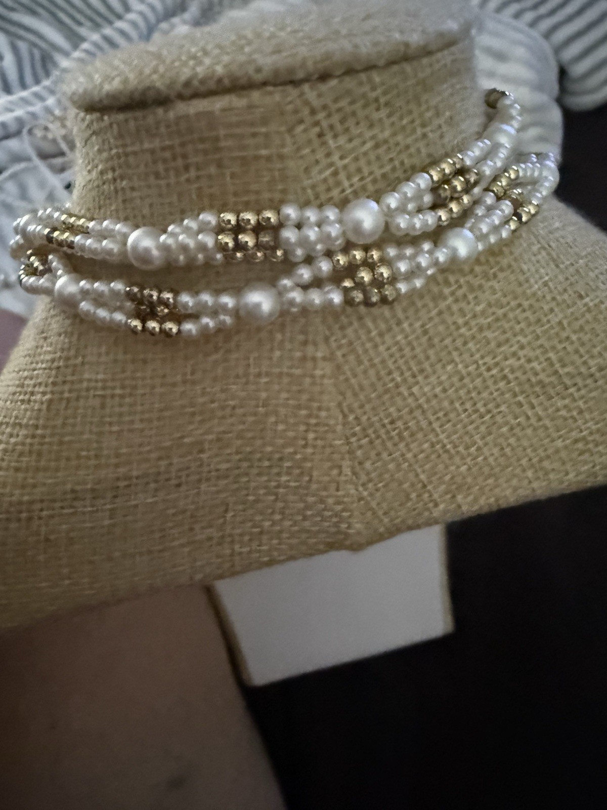 Gold Tone Faux Pearl Beaded Ball Chain Multi-Strand Necklace Tassel Pendant