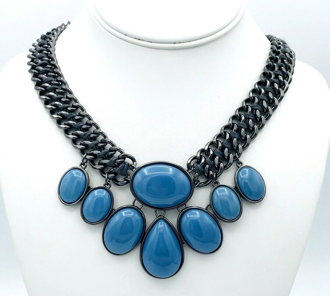 Woven Double Black Curb Chain Blue Cabochon Statement Necklace