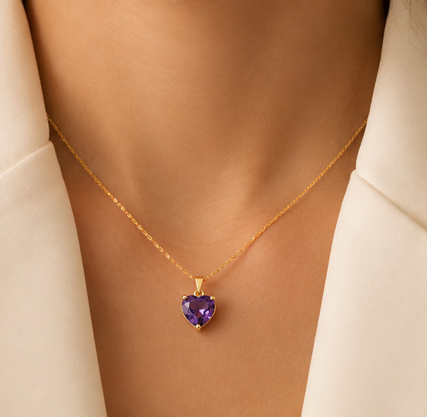 14K Yellow Gold Plated 2Ctw Heart Cut Simulated Amethyst Pendant Necklace