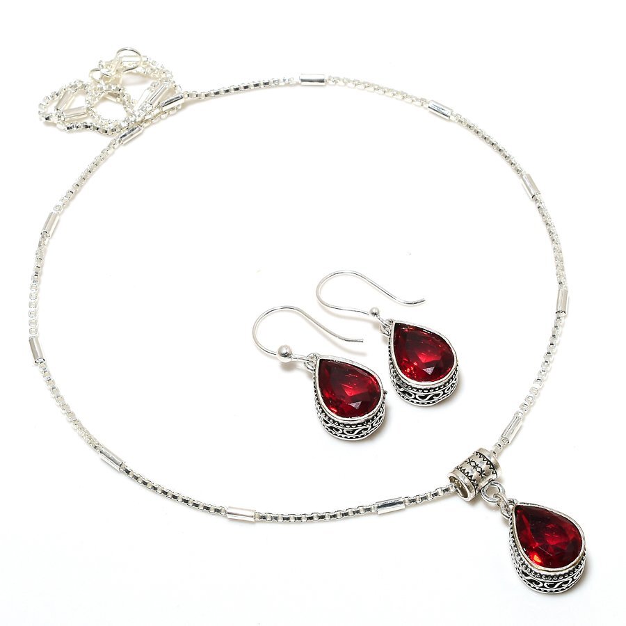 Garnet Red Quartz 925 Silver Plated Handmade Necklace & Earrings Set of 18″