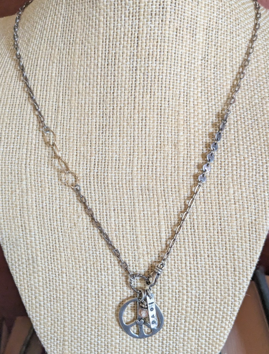 Mixed metal peace sign love charm necklace 18″ patchwork chain bohemian rustic