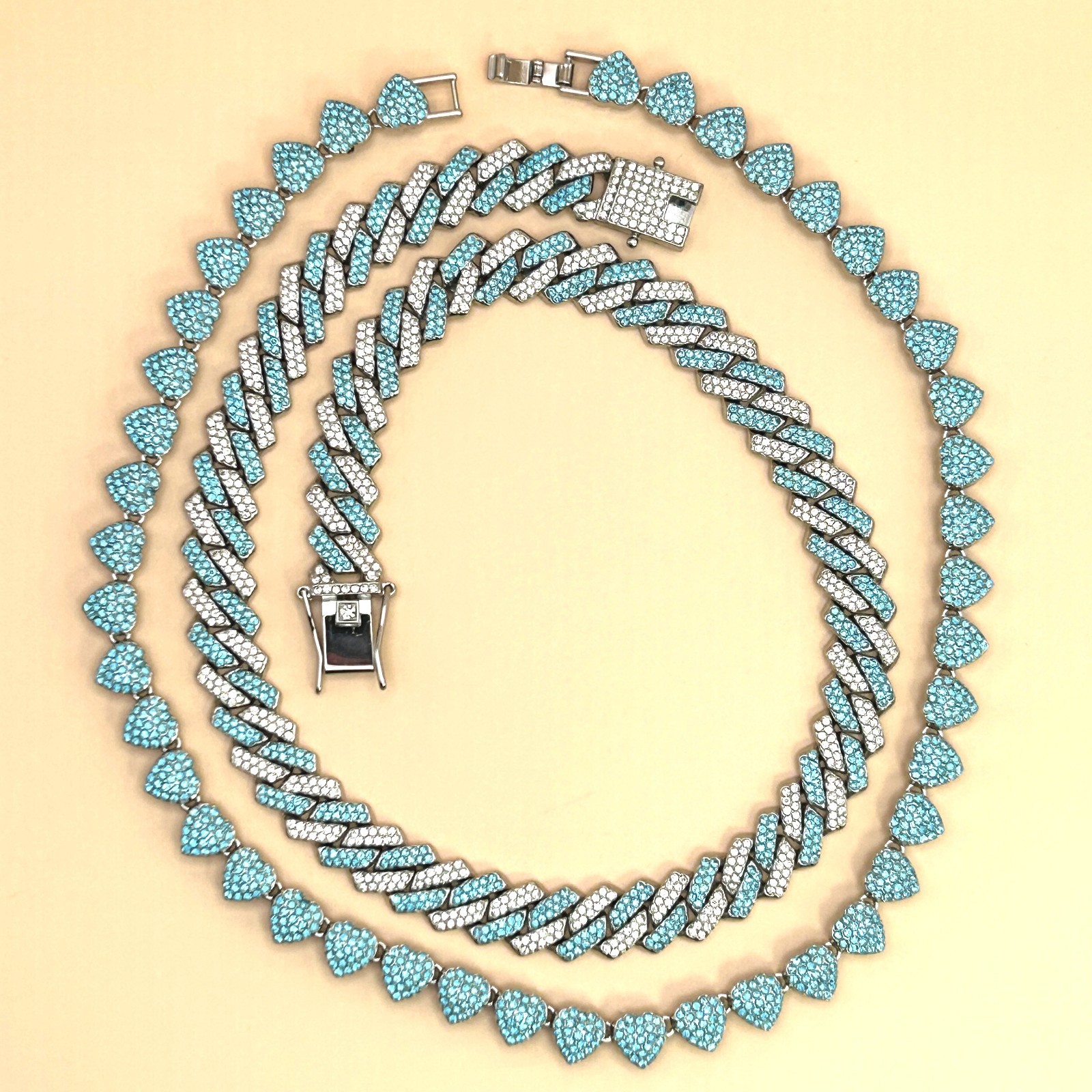 Blue Rhinestone Cuban Link & Heart Chain Necklace Set Statement Jewelry